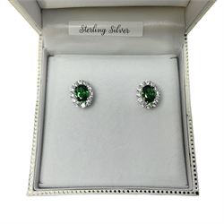 Pair of silver green stone and cubic zirconia cluster stud earrings, stamped 925, boxed 