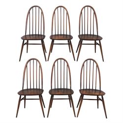Ercol - set of six 'Quaker' dark elm chairs, high back hooped chairs, on tapering supports