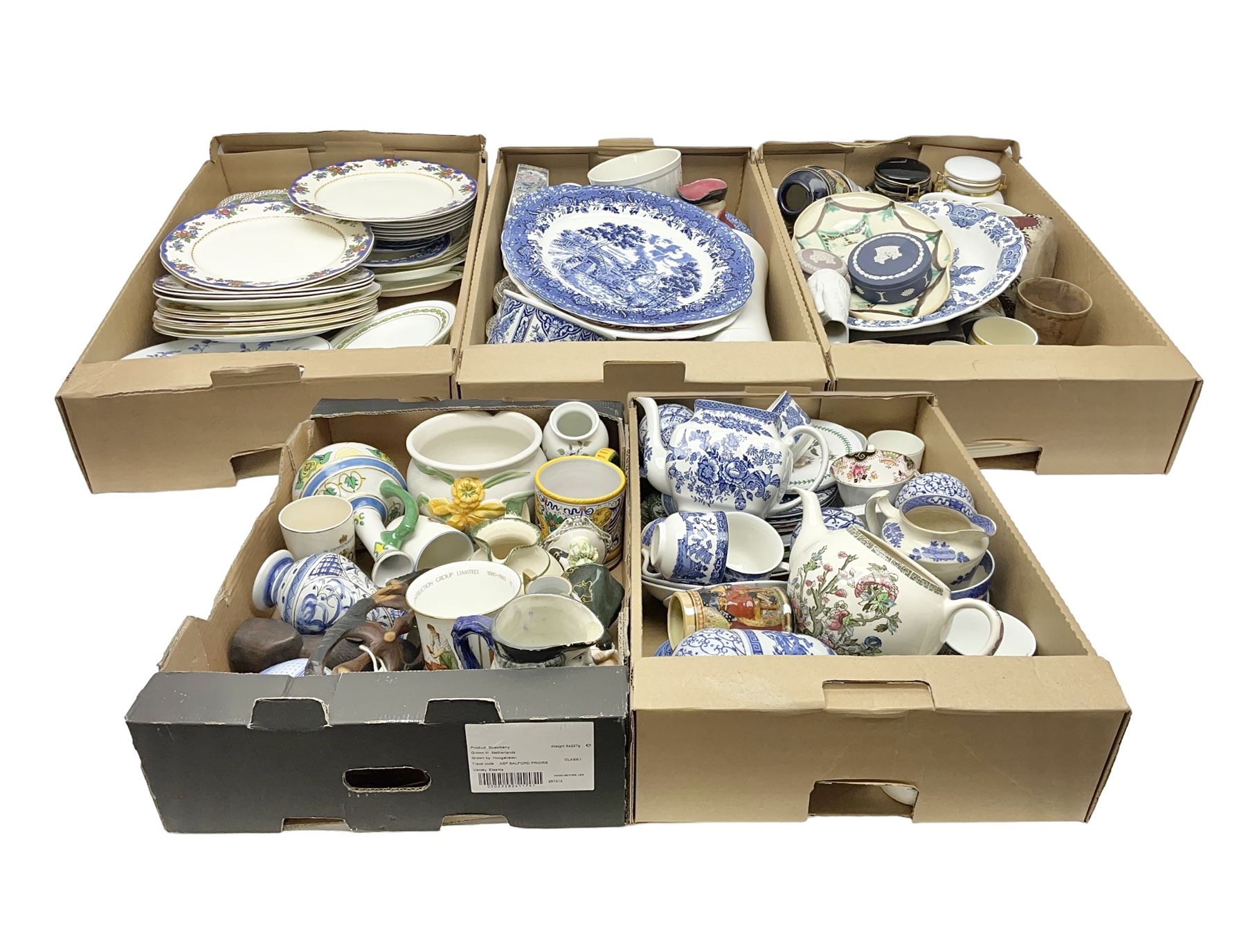 Wedgwood jasperware trinket box, commemorative ware, blue and white ceramics and a collection of other ceramics and collectables in five boxes