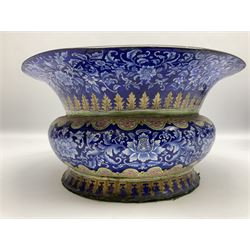 Pair of 19th century painted enamel jardinieres, of squat gu form, decorated with scrolling foliate bands, between stiff leaf and lobed borders upon a cobalt blue ground, H5cm D30cm
