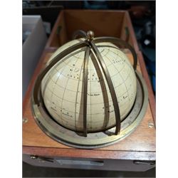 Cary Porter Ltd celestial navigational star globe patent no. 21450, the cream coloured sphere printed in black with stars and constellations, with brass meridian and horizon rings, contained within a fitted wooden box with paper instruction label to interior, globe diameter 11.5cm, box H21cm