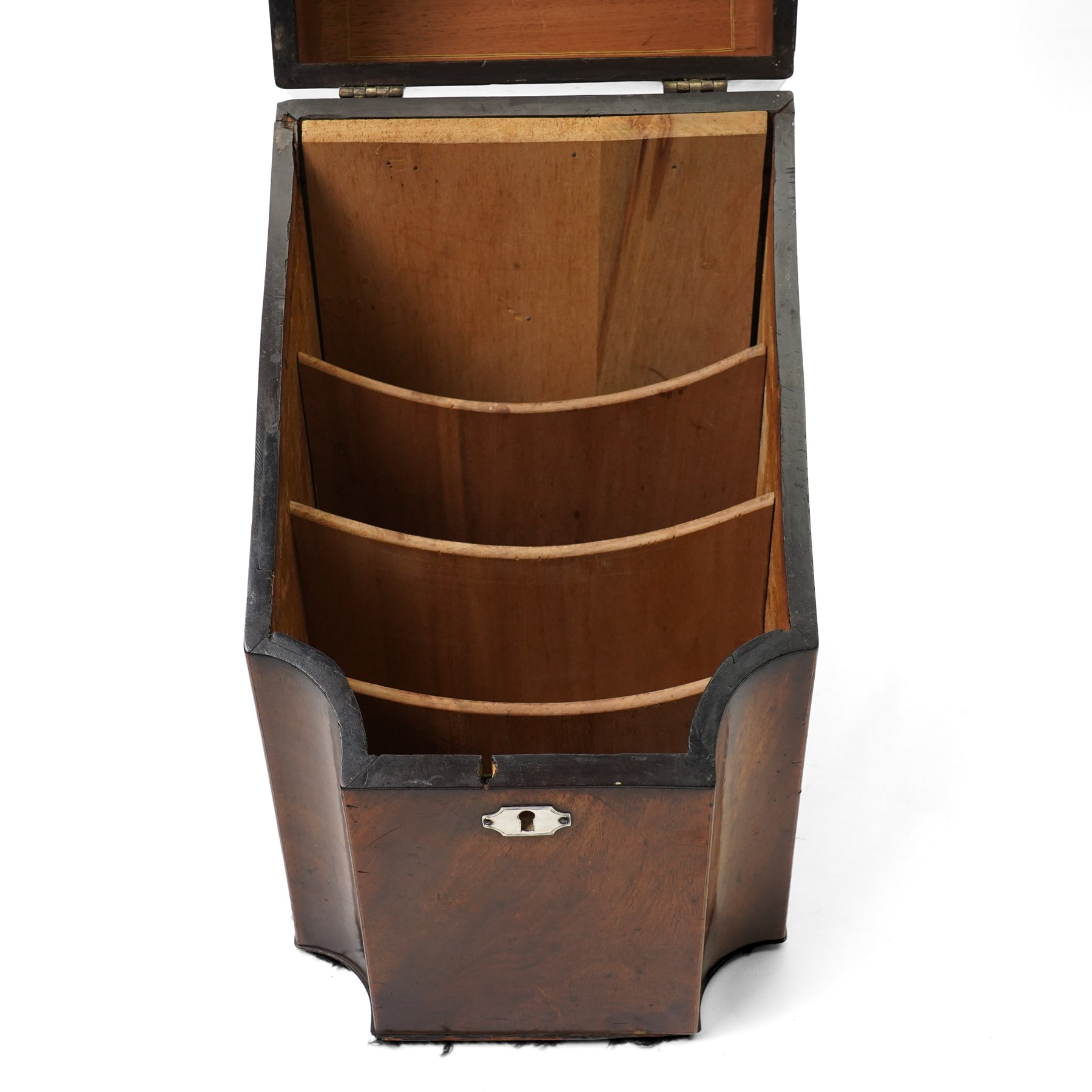 George III mahogany knife box with silvered  mounts and hinged sloping top converted for use as a stationery casket W22cm 