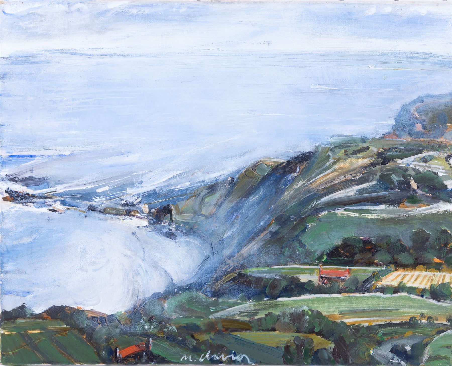 M Davies (British Contemporary): 'Robin Hood's Bay/ Ravenscar from Stoup Brow', oil on canvas signed, titled and dated 2009 verso 40cm x 50cm (unframed)