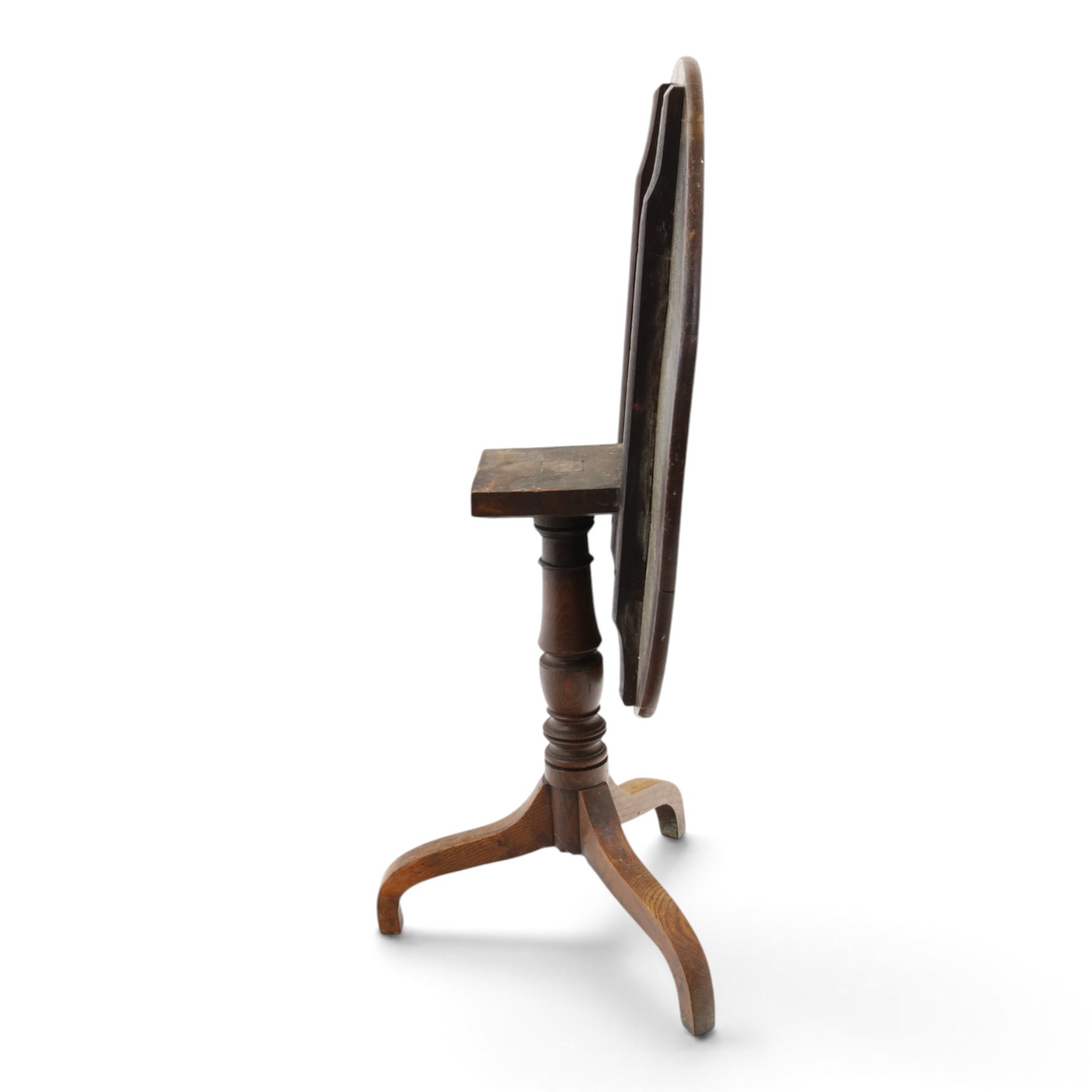 George III country oak tilt-top tripod table, circular snap-top on turned vasiform pedestal with three splayed supports
