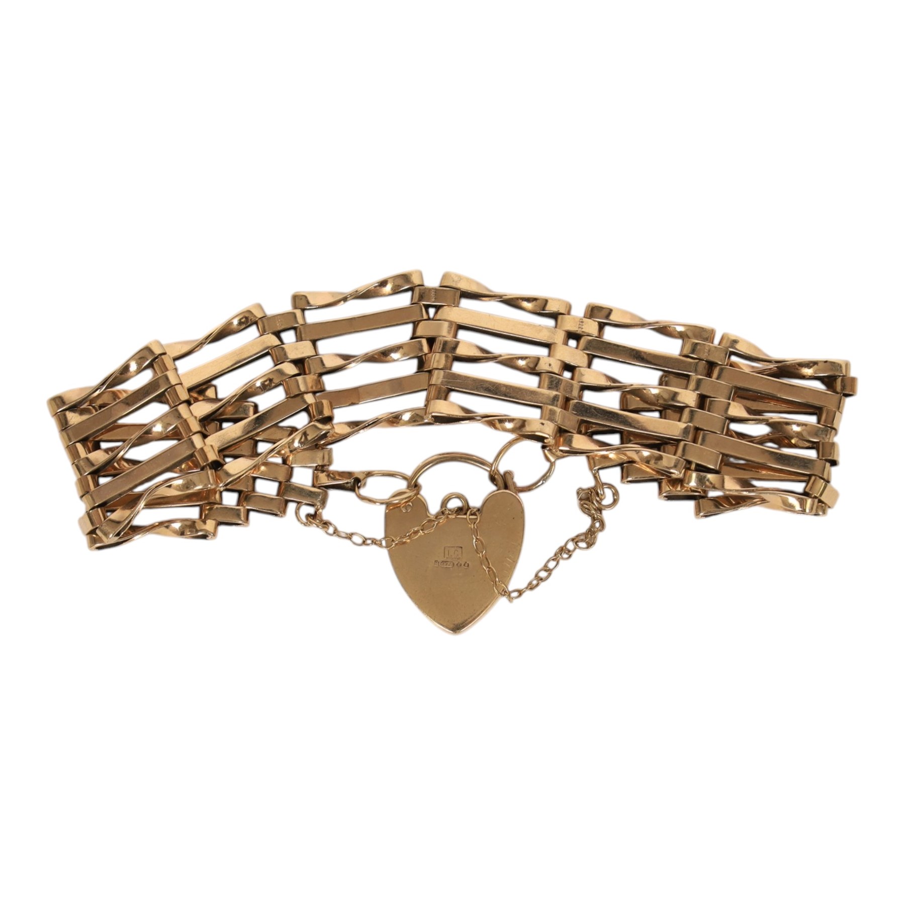 9ct five bar gate bracelet, with heart locket clasp, hallmarked
