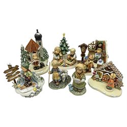 Eight Christmas Hummel figures by Goebel, to include Wintertime Chapel candle holder, Winter Fun, Christmas Morning, Christmas Time and Gingerbread Lane, tallest H21cm