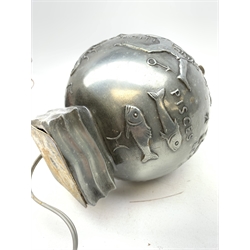  Art Deco cast metal lamp base, globular form decorated with the signs of the zodiac and other runes H24cm overall  