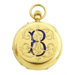 Victorian 18ct gold half hunter keyless lever pocket watch by Le Roy et Fils, Paris, No. 48021, white enamel dial with Roman numeral hour markers, back case monogrammed with initials, the 'B' with blue enamel, case stamped 18K