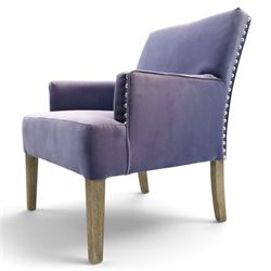 OKA - Sutcliff armchair, upholstered in purple velvet, chrome studded detailing, raised on grey stained legs