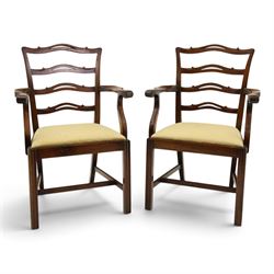 Pair of Georgian design Chippendale style mahogany elbow chairs, the pierced and waived ri...