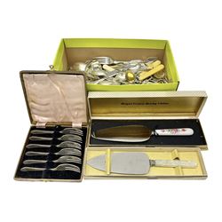 Collection of silver-plated cutlery including cased set of six EPNS cake forks, Royal Crown Derby pie server, sugar tongs, ladles, etc