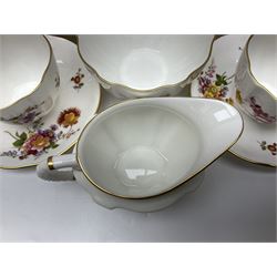 Royal Crown Derby Posies pattern tea service for six, comprising teapot, milk jug, open sucrier, cups and saucers, dessert plates and cake plate, together with matching pattern plates and bowls (28) 