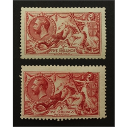  Great Britain two King George V mint five shilling 'seahorse' stamps  