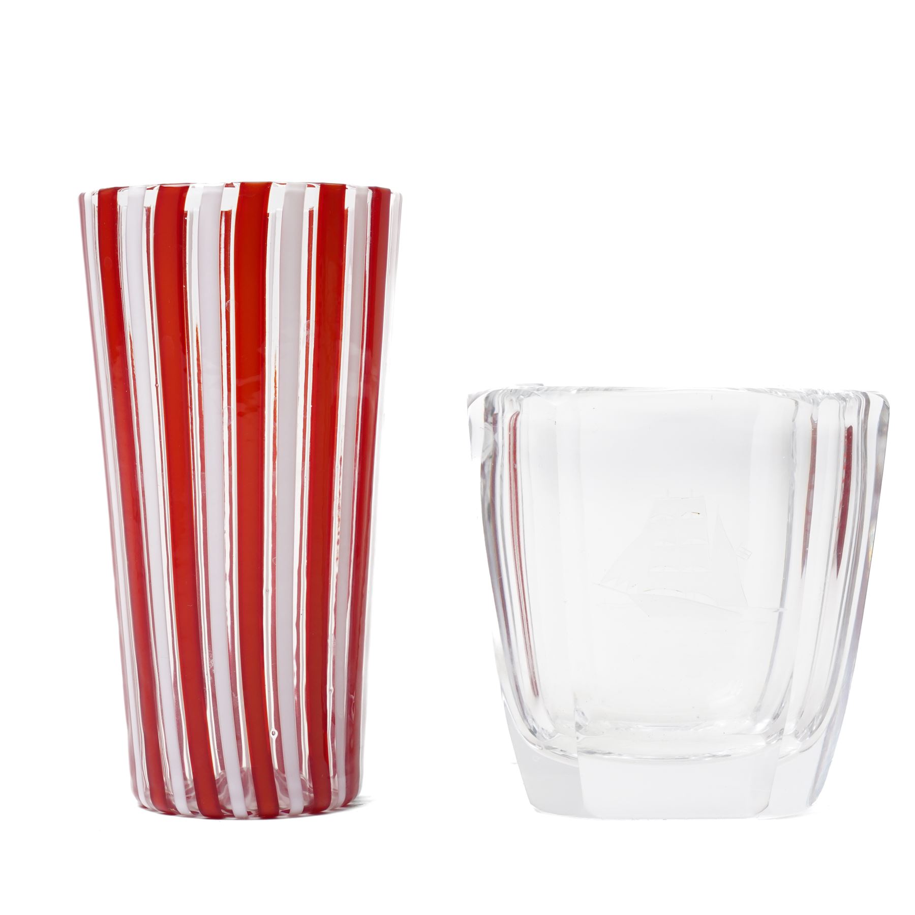 Orrefors glass vase of rectangular design etched with a sailing ship H19cm, Venetian beaker decorated with red and white enamelH15cm and two coloured glass vases