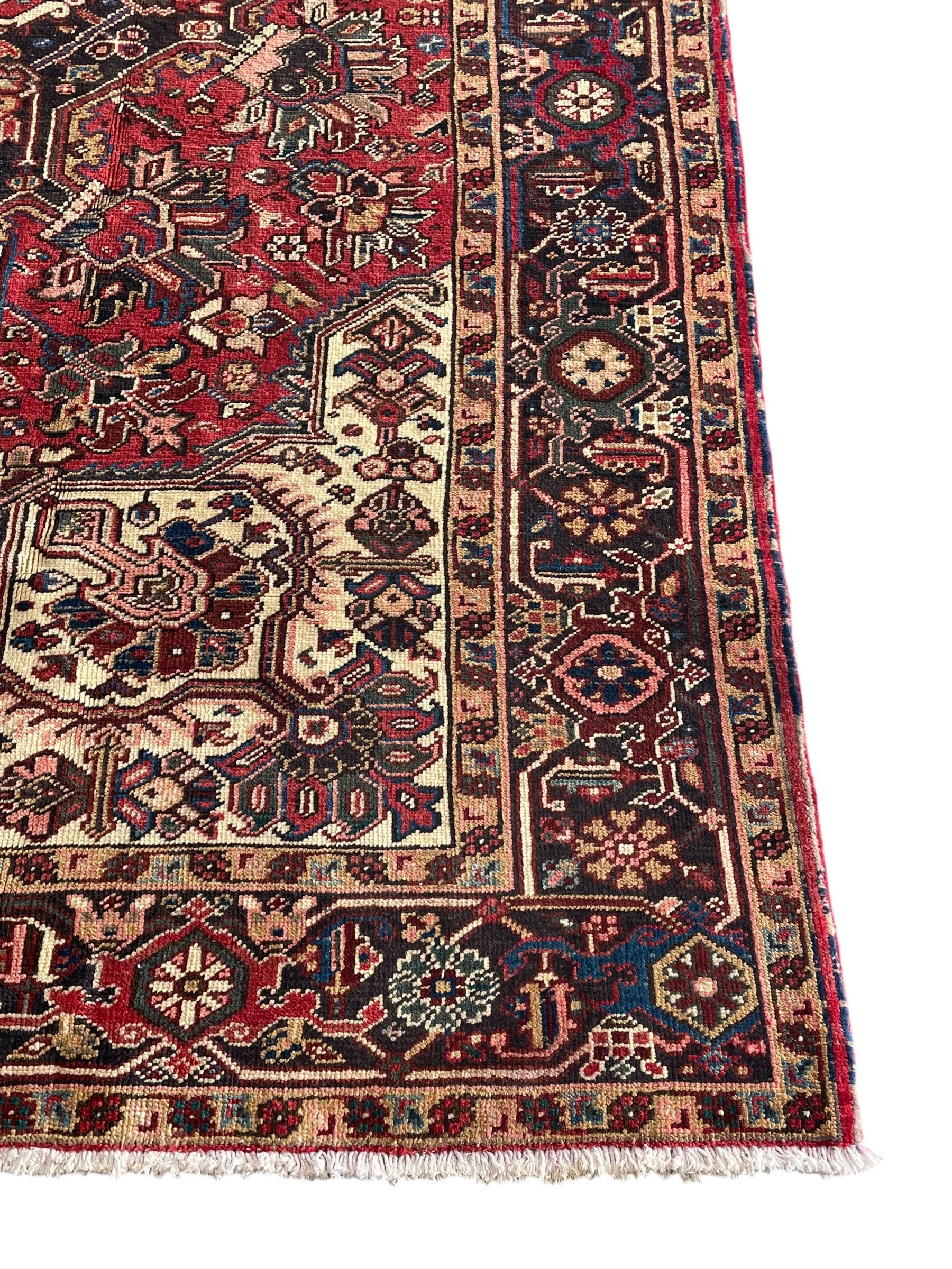 Persian Heriz red ground rug, large medallion decorated with palmettes and Ejder motifs, the border decorated with stylised plant motifs, within floral design guard stripes 