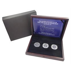 Queen Elizabeth II 2017 '20th November 1947 Platinum Wedding Anniversary' platinum three coin set, comprising Isle of Man, Bailiwick of Jersey and Bailiwick of Guernsey five pound coins, each weighing 39.94 grams minted in 995/1000 platinum, cased with certificate 
