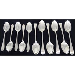 Late Victorian set of six Old English pattern teaspoons with engraved monogram to terminals, hallmarked John Round & Son Ltd, Sheffield 1900, together with five mid 20th century silver Sandringham pattern teaspoons, hallmarked Viner's Ltd, Sheffield 1952, approximate total weight 9.38 ozt (292 grams)