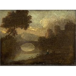 English School (19th century): River scene with Bridge and Castle, oil on panel no visible signature 27cm x 20cm