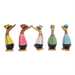 Dcuk, five wooden ducks, in cycling outfits and helmets, H20cm