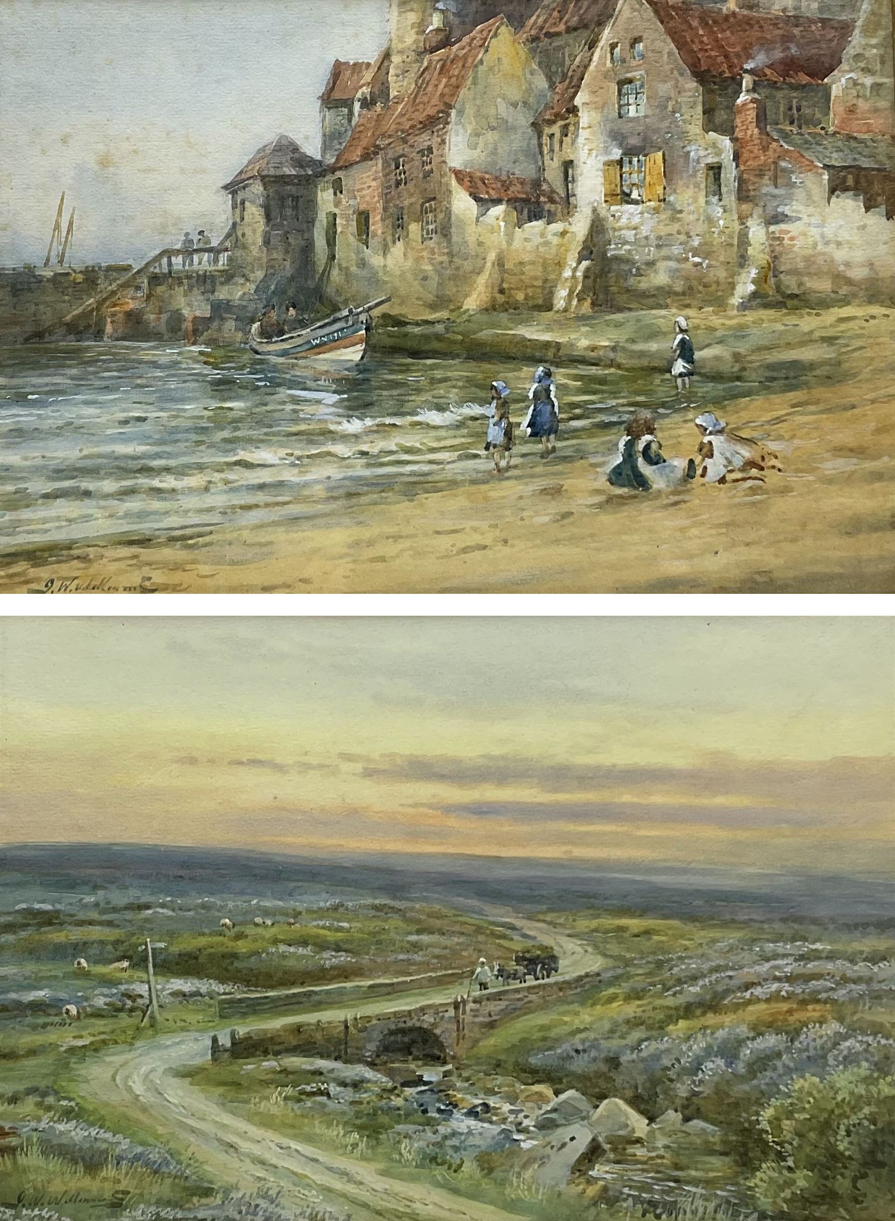 John Wynne Williams (British fl.1900-1920): Children playing on Tate Hill Sands Whitby Harbour & Fylingdales Moor, pair watercolours signed 23cm x 35cm (2)