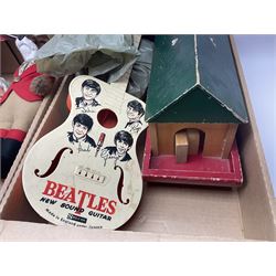 Selcol Beatles New Sound toy guitar, Triang baby walker, Mamod steam engine, wooden Noahs Ark toy, quantity of diecast cars and plastic soldiers and a collection of other toys and board games, in five boxes