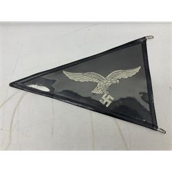 Pair of German winter snow boots, leather and felt with wooden soles; together with a replica WW2 German Luftwaffe car pennant (3)