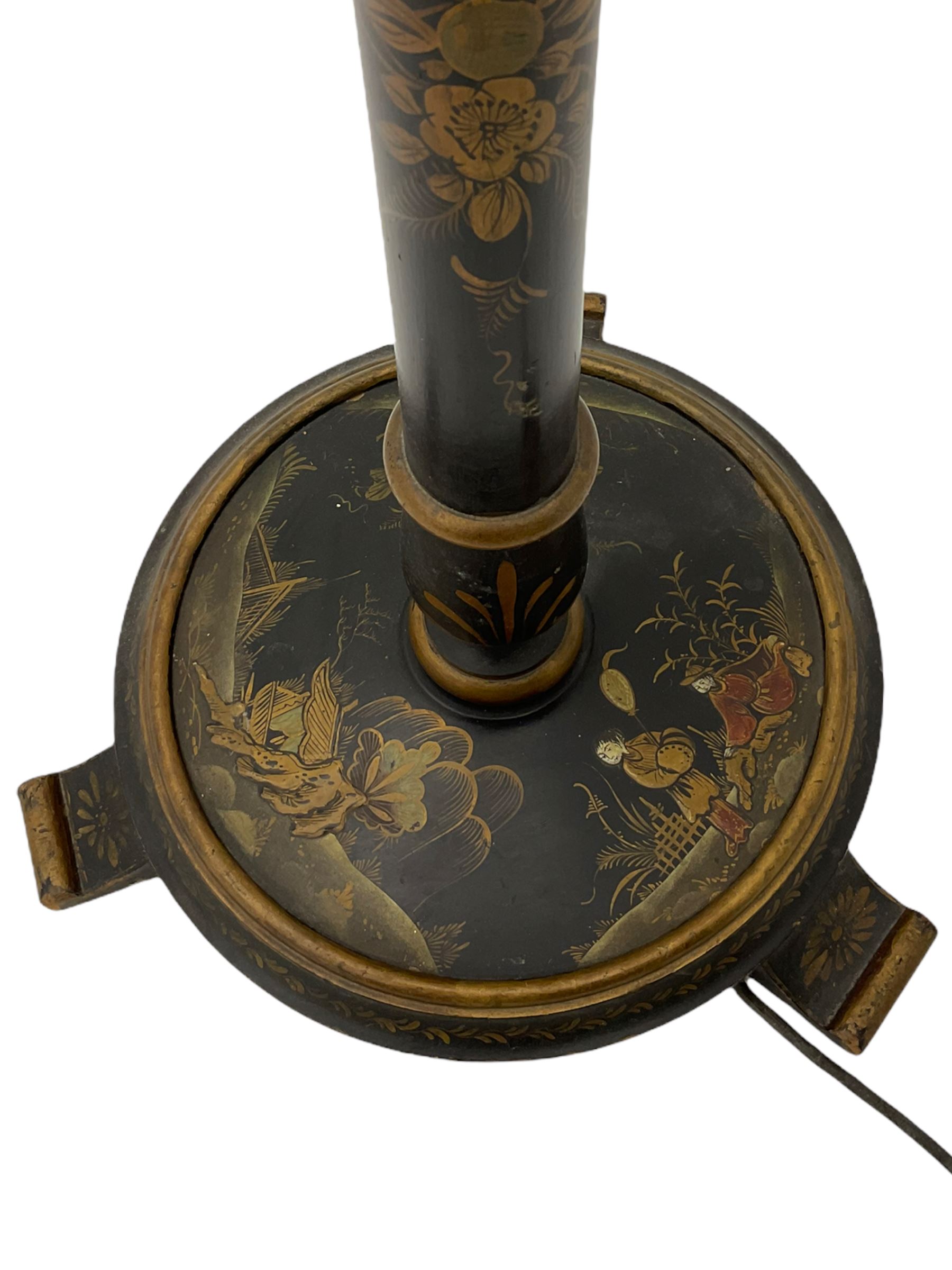 Late 20th century chinoiserie standard lamp, the circular base decorated with raised gilt figural scenes, H153cm (measurement excluding shade and fitting)