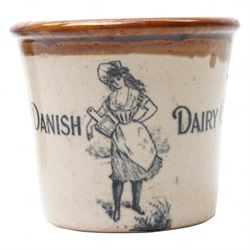 Port Dundas, Glasgow stoneware butter crock inscribed 'Danish Dairy Co.' with loop handle and dipped brown top and another 'Maypole Dairy Co. Ltd.' each H12.5cm (2)