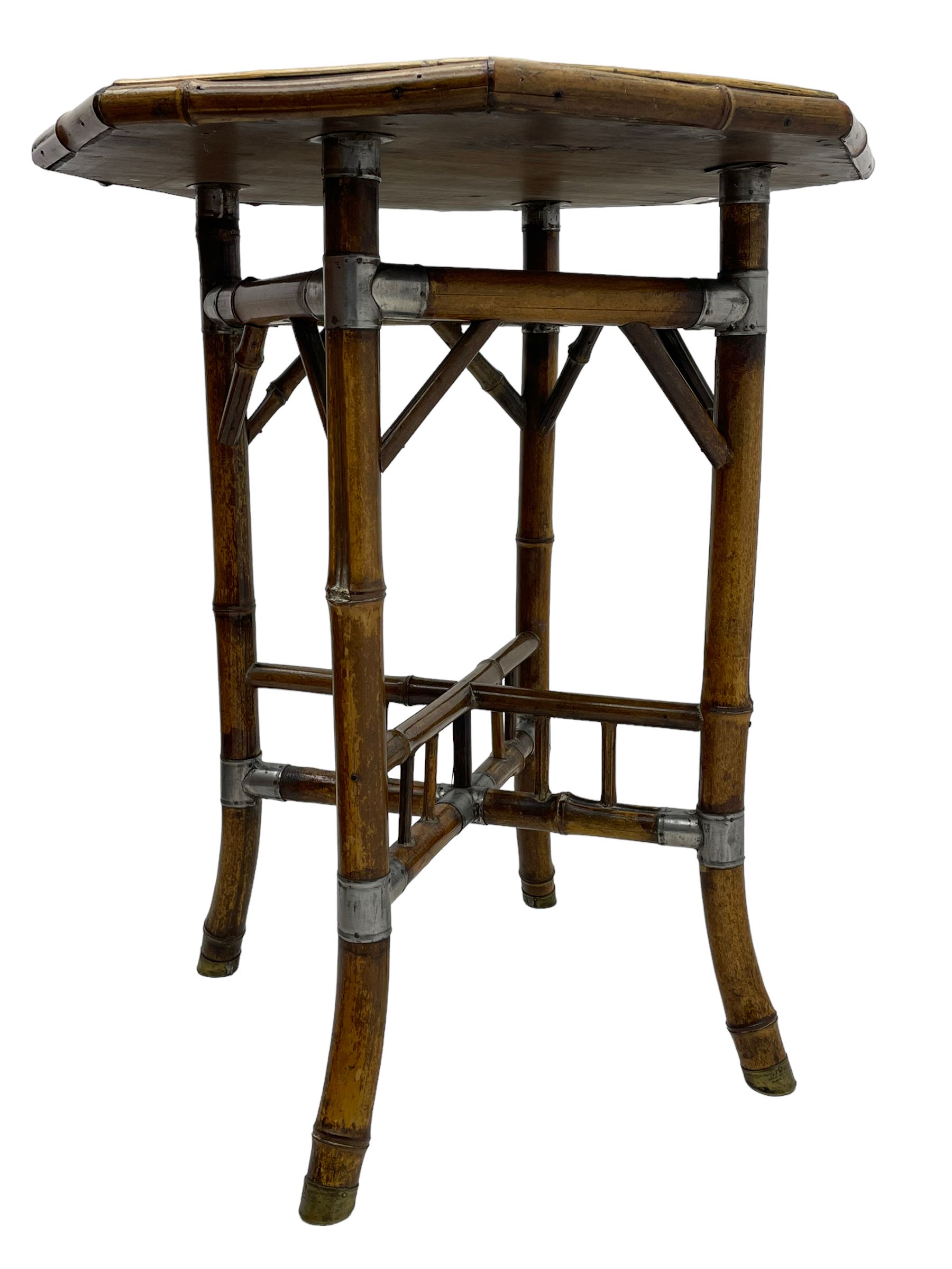 W.F. Needham - Victorian bamboo occasional table, octagonal lacquered top, the bamboo joined by metal brackets, brass cups stamped 'W.F Needham'