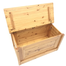 Solid pine chest, single hinged lid, stile supports, W102cm, H56cm, D54cm