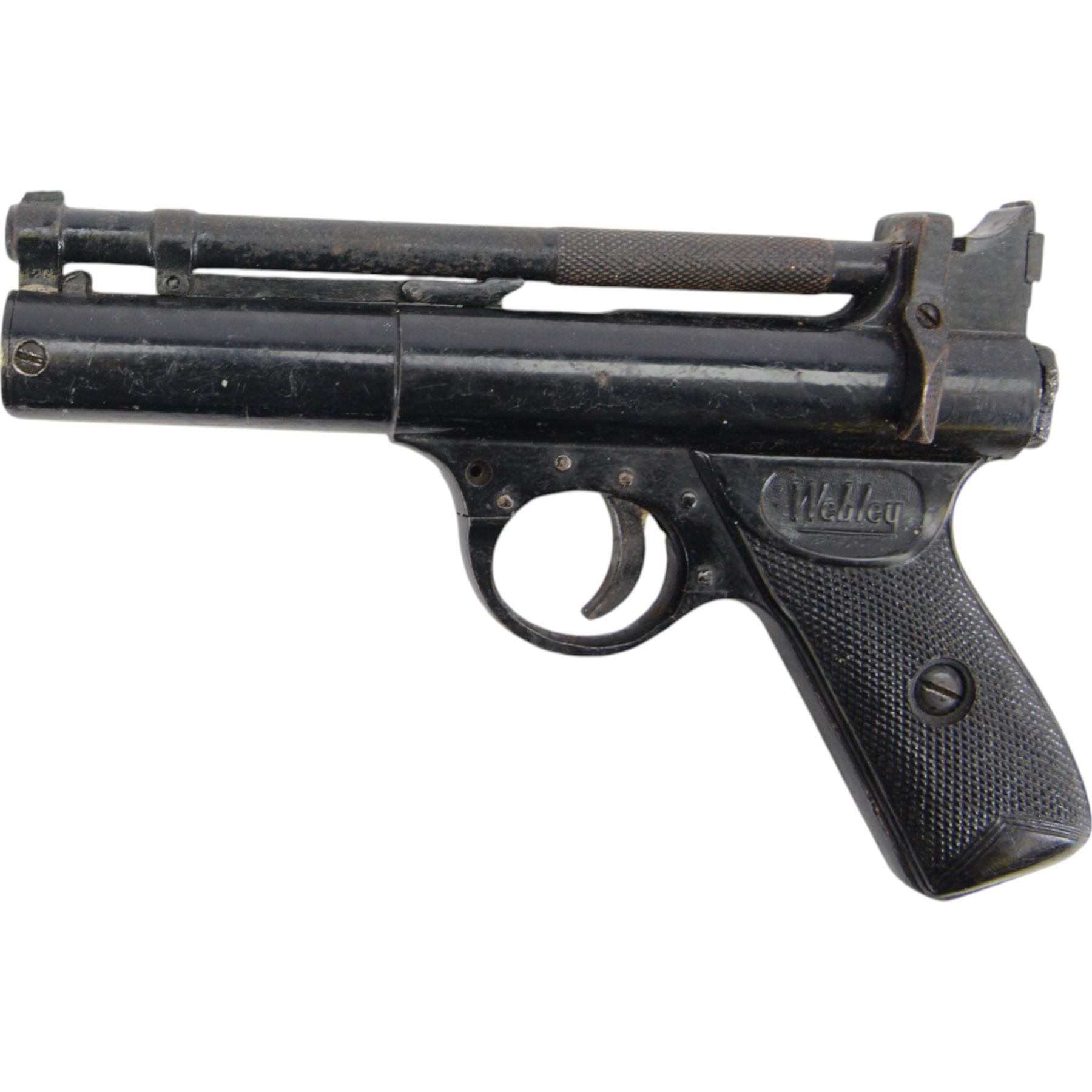 Webley Premier .22 air pistol, batch 947, Series E with 5 pin trigger block, the air chamber marked Webley & Scott Ltd, Webley Premier, Made in England, with checkered grip, H14cm, L19cm