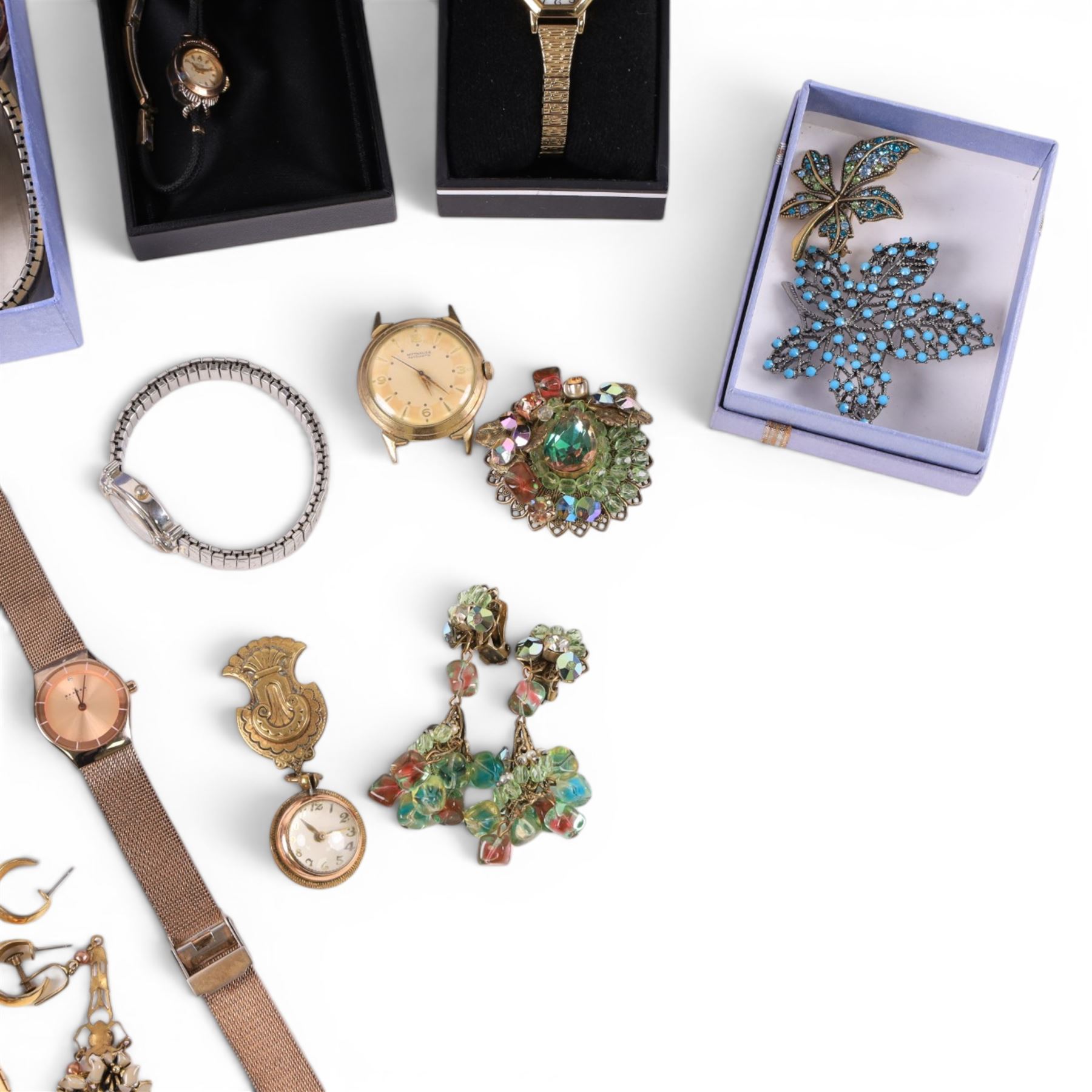 Collection of wristwatches and costume jewellery, including gold filled Bulova, Raymond Weil etc