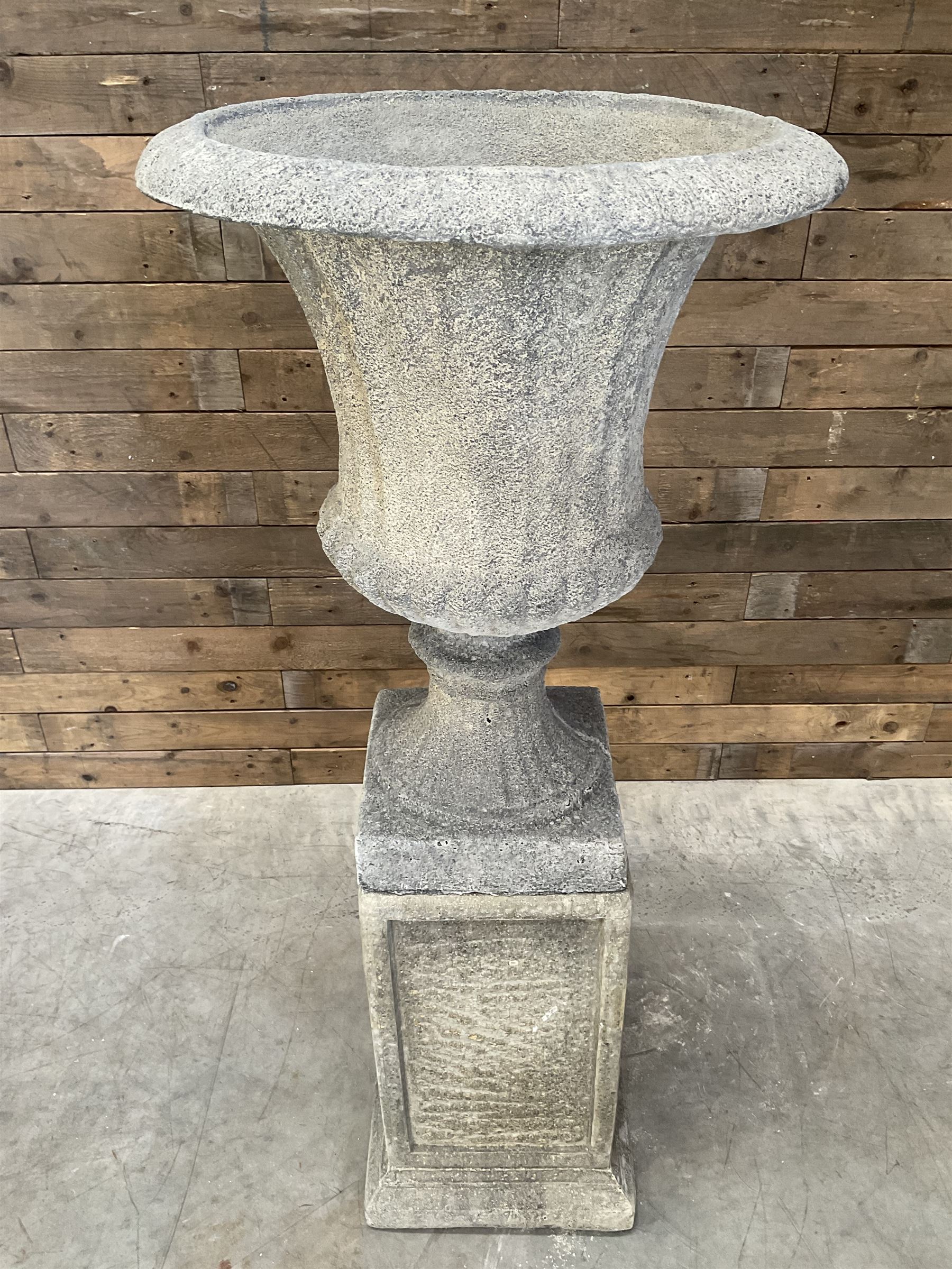 Large Georgian design cast stone garden centre-piece urn, egg and dart border, tapering column on square base, raised on square column