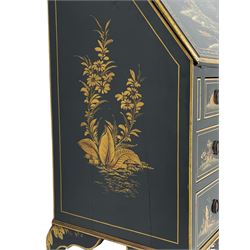 Early 20th century Chinoiserie lacquered bureau, raised gilt decoration, fall front enclosing divisions and drawer, three graduating long drawers, on cabriole supports