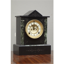  Late 19th century black slate and marble mantel clock, twin train movement striking the hours and half on coil, with visible brocot escapement, H30cm  