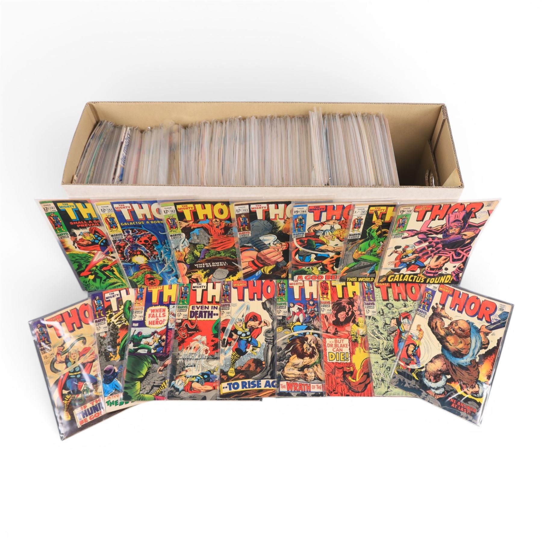 Marvel Silver, Bronze and Modern Age 'The Mighty Thor' comic books, spanning years 1967 onwards, comprising issues #146, #149-#154, #159, #161-#163, #165-#170, #172-#179, #182, #183, #185, #186, #188, #189, #194, #197, #199 and a large incomplete run of issues up to #405, some modern editions and annuals