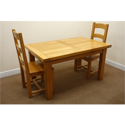  Rectangular light oak dining table, square supports (W141cm, H77cm, D90cm) and two ladder back chairs, (W51cm) (3)  
