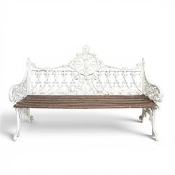 Coalbrookdale Gothic design cast iron and slatted teak garden bench, the ornate pierced back and sides of arched design, with central cartouche shield surrounded by stylised crosses and trefoils with interspersed flowerheads, the scrolled arm terminals with stylised griffon motifs and trailing fruiting vines 