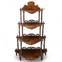 Late Victorian inlaid walnut waterfall form whatnot, shaped four-tier form with burr venee...