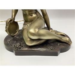 Art Deco style bronzed and gilded spelter figural table lamp with green Uranium glass shade; H48cm, another table lamp; and a bisque group