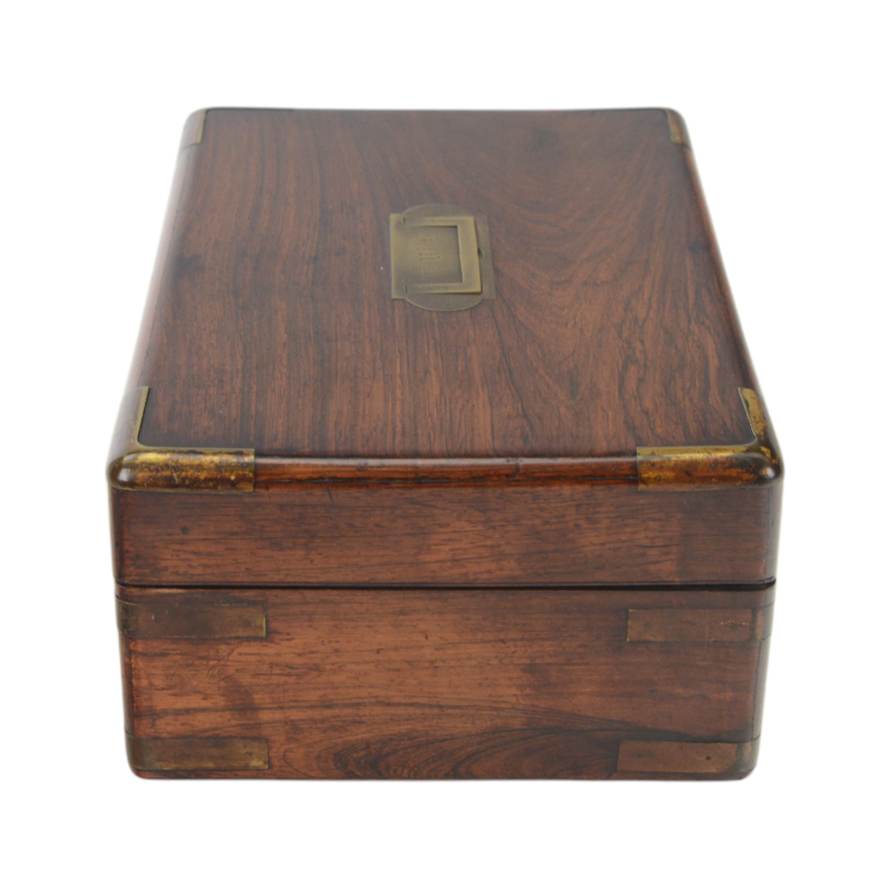 Victorian rosewood brass-bound work box, of rectangular form with flush brass handle engraved with initials, H13cm, W30cm