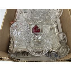 Victorian pink glass lustre, cut glass decanter and drinking glasses and other glassware, in two boxes