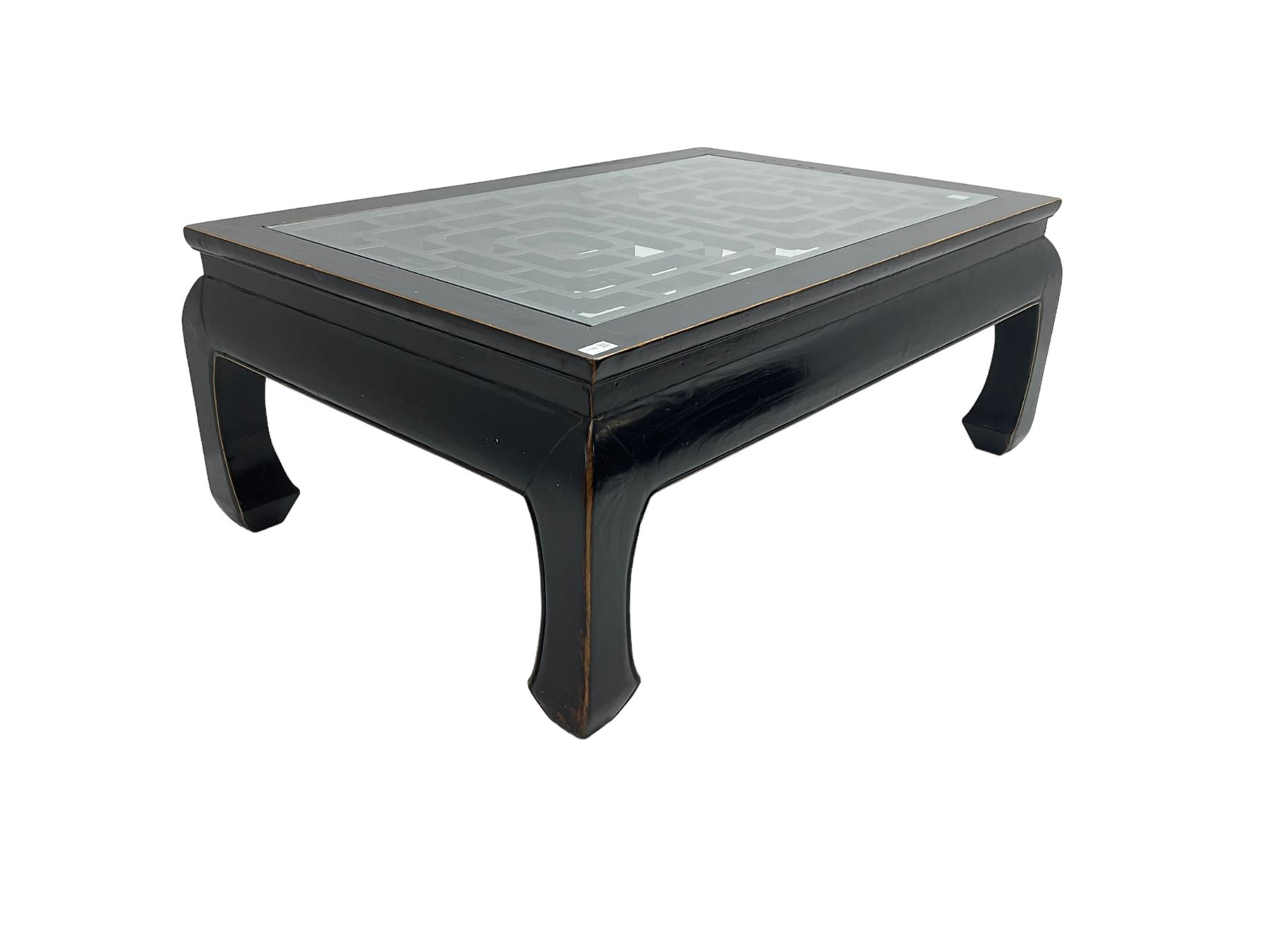 Chinese ebonised rectangular coffee table, inset glass top over pierced geometric fretwork, raised on shaped supports