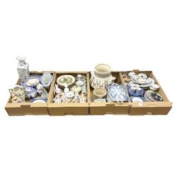 Four boxes of Victorian and later ceramics to include blue and white, Noritake twin handled vase, pair of Continental figures modelled as courting couple decorated with gilding, jelly moulds, teawares etc