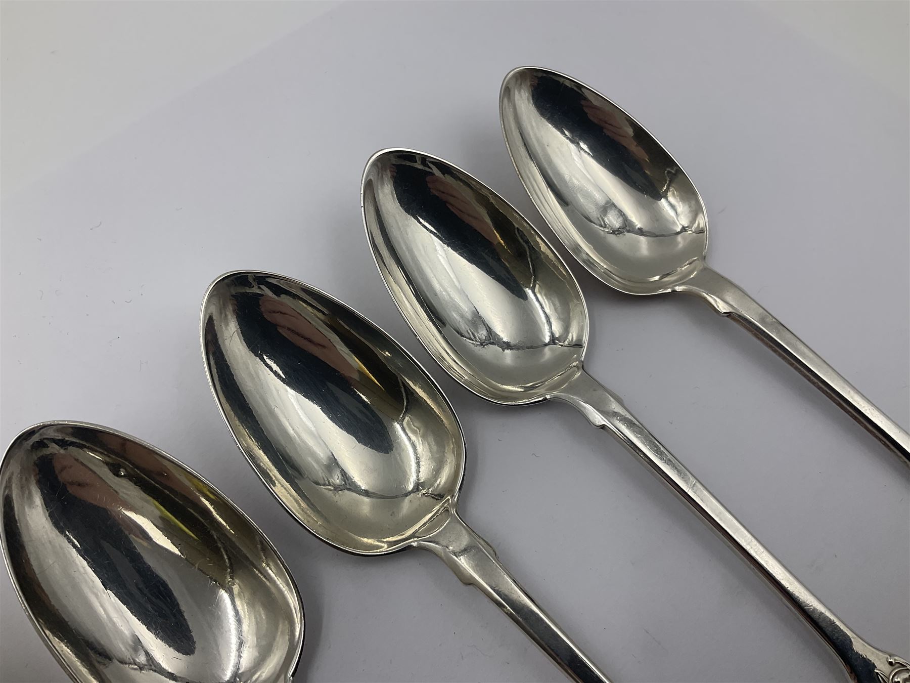 George IV Scottish silver Kings pattern cutlery for six place settings, to include table spoons, table forks, dessert spoons and dessert forks, all engraved with shamrock crest to terminal, hallmarked Robert Gray & Son, Glasgow 1833