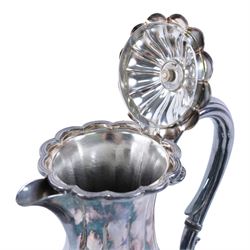 Early 20th century silver plated four piece melon-shaped tea service by James Dixon & Son Sheffield, comprising teapot, hot water jug, milk jug and open sucrier, together with a silver plated twin handled tray with engraved floral decoration