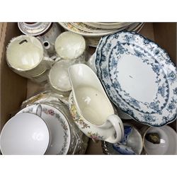 Collection of tea and dinner wares, to include Crown Clarence wares, two Maling cups and saucers, etc,  together with three Foley twin handled urns etc, in three boxes