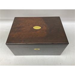 Rosewood box with blue velvet interior and leather travelling case containing Victorian and later jewellery including engraved silver link bracelet and locket, two gilt metal photo pendants, Omega automatic ladies wristwatch etc