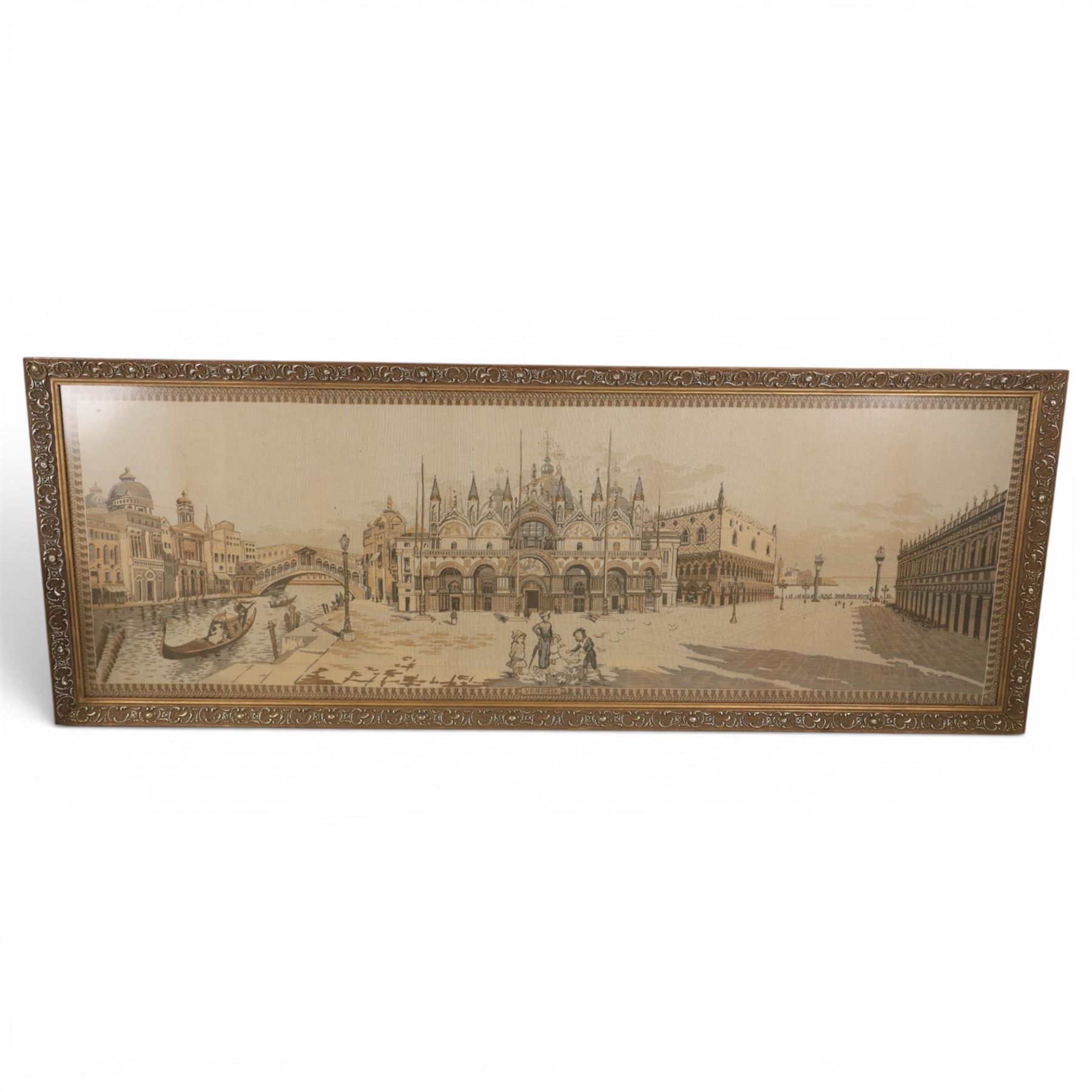 Pair of  machine woven tapestries, of Venezia and Napoli, framed H55cm, L149cm   