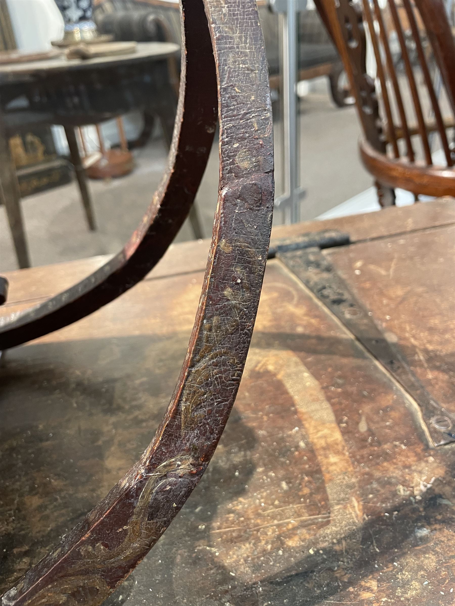 Unusual 18th century small Northern European wooden sled, with curved scroll back, the sides painted with coastal shipping scenes, the interior with removable zinc liner, upon curved irons painted with flower heads, H36cm W56cm D29cm